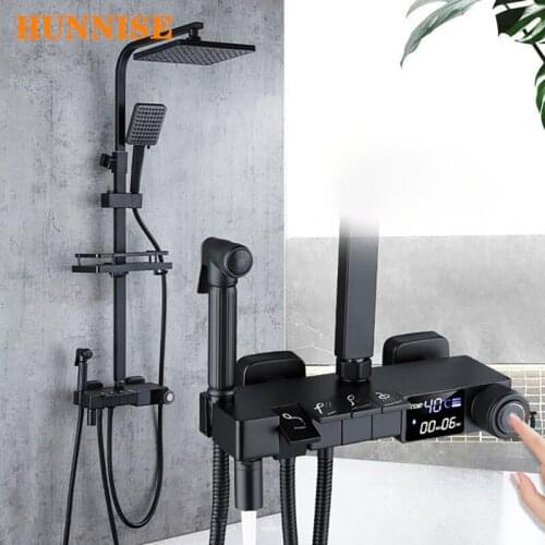 Luxury Piano Bathroom Shower Set Hunnise Matte Black Bathroom Shower Mixer Faucets Wall Mounted Hot Cold Digital Shower System