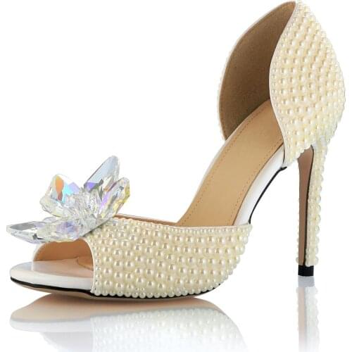 Handmade Pearl Wedding Shoes Hollow Peep Toe Sandals Women Crystal Flower Bridal Shoes High-heeled Pumps Heels Ladies Shoe