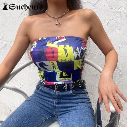 SUCHCUTE Gothic Patchwork Y2K Tube Tops Summer Sexy Strapless Party Clubwear Crop Tops For Women Punk Slim Outfits Vests