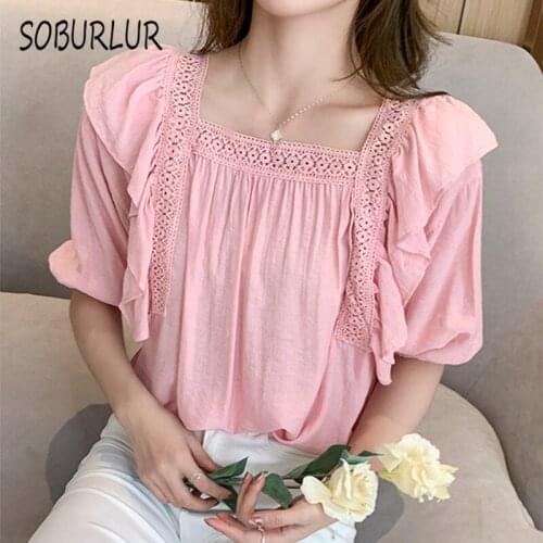 SOBURLUR Summer All-match Basic Womens T-shirts Tunics Crop Top Woman Clothing Short Sleeve T shirt Square Neck BF Korean Style