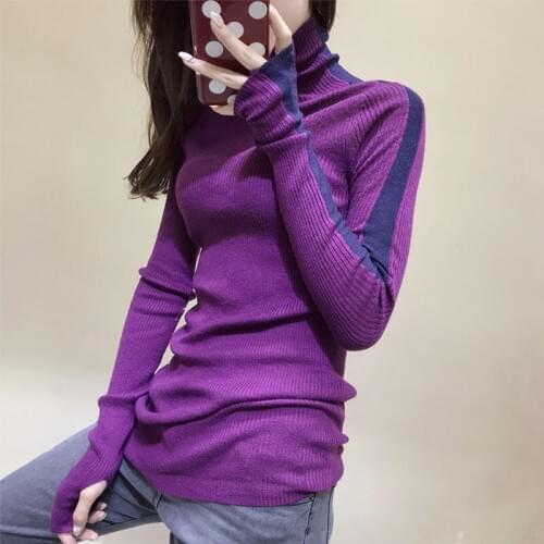 Knit Sweater 2020 Autumn and Winter New Color Matching Rib Sleeve Bottoming Sweater Womens High Neck Thinner Womens Sweater