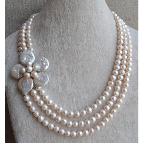 Unique Pearls jewellery Store Wedding Flower Pearl Necklace 3 rows 8mm Real Freshwater Pearl Necklace Magnet Clasp Fine Jewelry