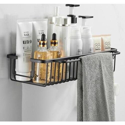 Bathroom Shelf With Bar and Hooks 30-50cm Matte Black Bathroom Corner Shelves Kitchen Wall Shelf Shower Shampoo Storage Rack