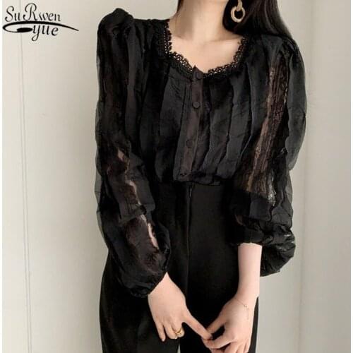 Spring New Korean Retro Sweet Long Sleeve Lace Shirts See Through Square Collar Womens Blouse Cotton Shirts with Buttons 13340