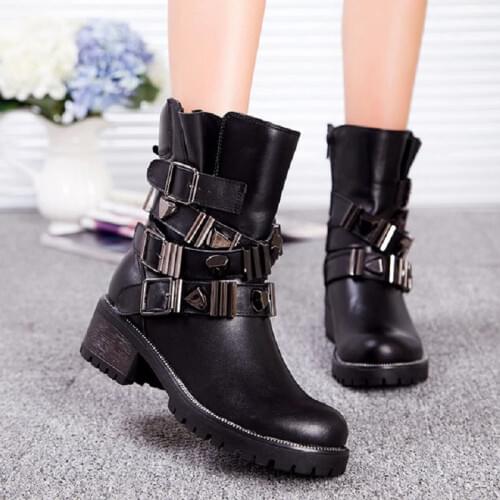 Spring Autumn Women Genuine Leather Mid-Calf Punk Boots Winter Lady Buckle Metal Bling Mid Rock Botas Motorcycle Boots 1907