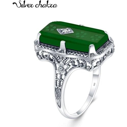 Silver Chakra Top Jewelry 925 Sterling Silver Rings For Women Rectangle Flower Green Emerald Classic Fine Jewelry Wedding Gift