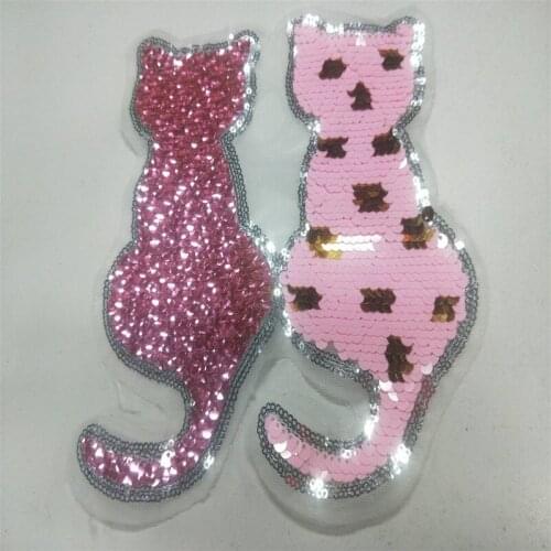1PCS Shiny Pink cat Reversible Change color Sequins DIY Patch Applique Sew On Patches for clothes Bag Clothing Coat Jeans Craft