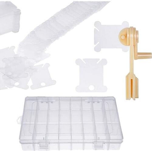 100 Plastic Floss Bobbins Cross Stitch Embroidery Thread Winding Cards Craft DIY Sewing Set with Bobbin Winder and Storage Box