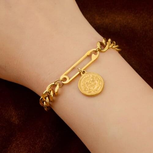 316L Stainless Steel Pin Shape Engraving Both Sides Queen Coin Charm Thick Chain Bracelets For Women Fashion Trend Fine Jewelry