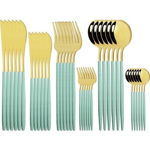 36Pcs Stainless Steel Mint Gold Dinnerware Set Dessert Knife Cake Fork Coffee Spoon Cutlery Set Kitchen Tableware Silverware Set