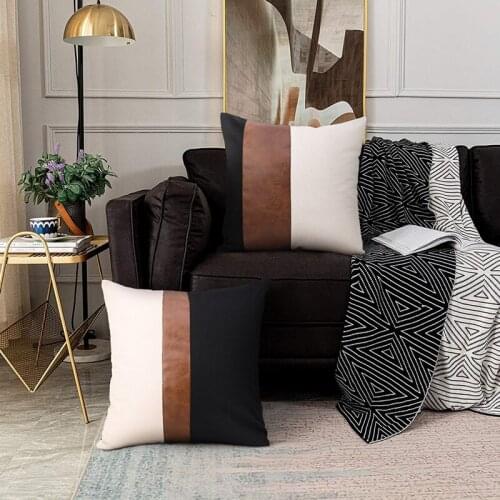 45*45 PU Leather Patchwork Throw Pillow Lien Cotton Bedroom Office Car Sofa Chair Decorative Cushion Cover Home Decor Pillowcase