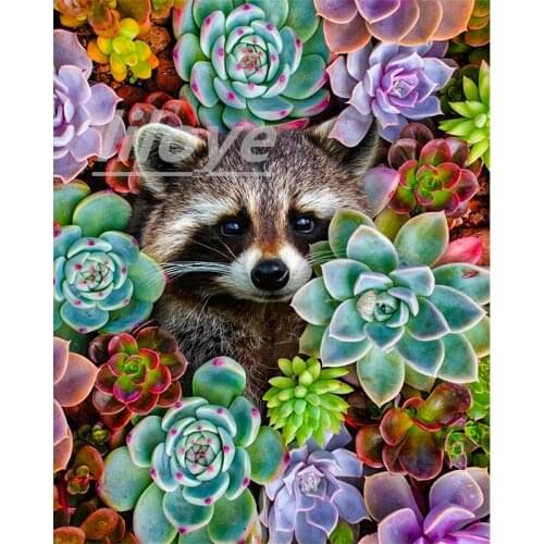 5D Diamond Painting Succulent Plants Mosaic Diamond Embroidery Cute Raccoon Full Set Rhinestones Pictures Decoration Home DF257