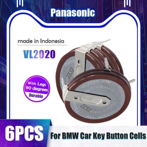 6PCS Panasonic VL2020 VL 2020 20mAh 3V Rechargeable Lithium Battery With Legs 90 degrees Button Battery For BMW Car Key Remote