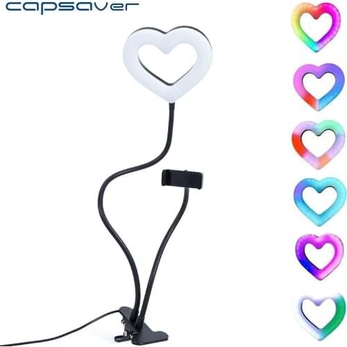 Capsaver LED Fill Light 6 inch Video Light 2 in 1 Desk Lamp Heart Shaped RGB Lamp with Clip Phone Holder Portable for Smartphone