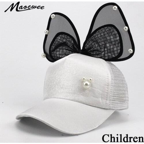 Lovely Kids Baseball Cap Snapback Hats Girls Big Yarn Bow Pearl Mesh Children Summer Mesh Cap Sun Visor 3-8 Year Bones 2018 New