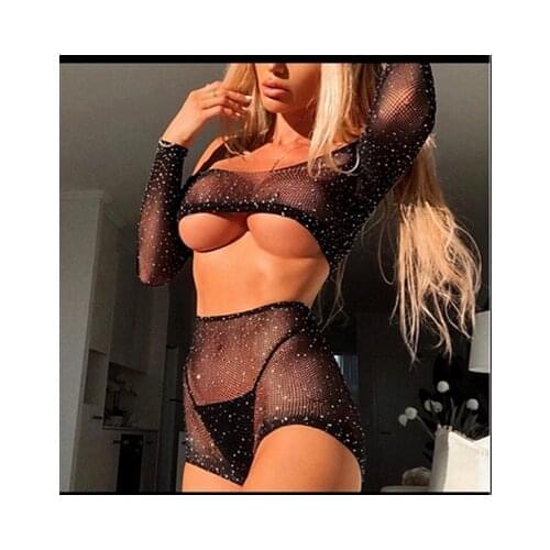 Womens 2 Piece Lingerie Set, Sexy Rhinestone Mesh Off Shoulder Long Sleeve Crop Top + Shorts Set Nightwear