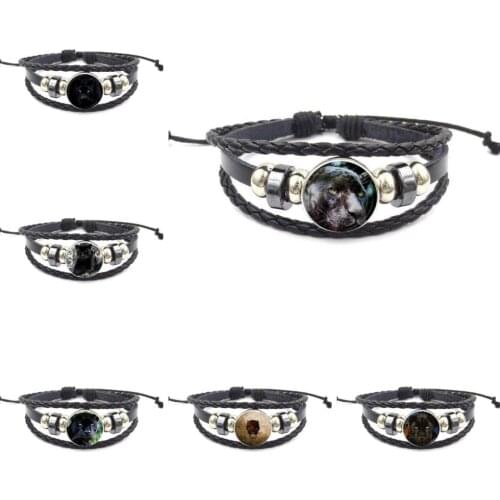 EJ Glaze Black Panther Logo Glass Cabochon Black Leather Bracelet Bangle Vintage Women Jewelry For Women