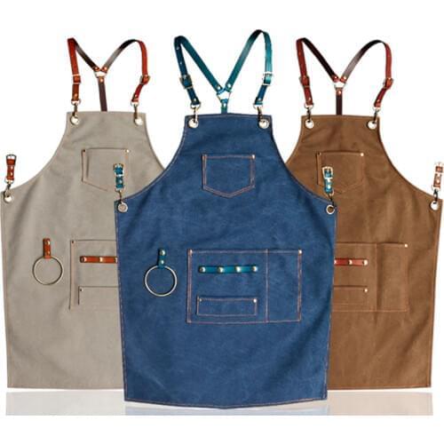 Canvas Apron Leather Strap Barista Bartender Baker Waitstaff Uniform Barber Florist Hairdresser Gardener Painter Work Wear D55