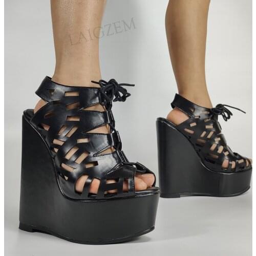 LAIGZEM Cut Outs Women Platform Wedges Sandals Lace Up Summer Pumps Sandalia Black Ladies Girls Shoes Woman Big Size 39 40 4143