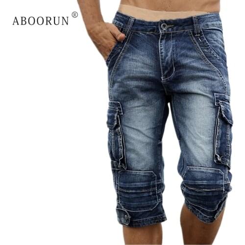 ABOORUN Summer Mens Cargo Denim Shorts Multi Pockets Retro Washed Cotton Jeans Shorts for Men YC1070