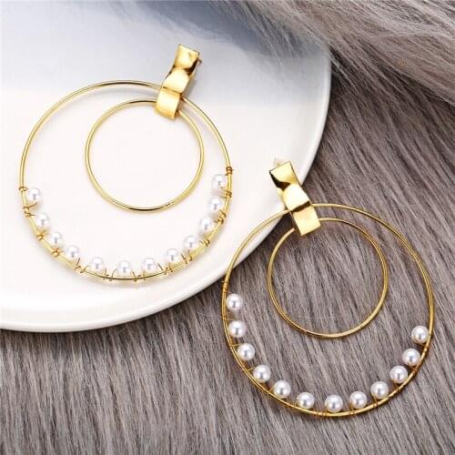 LIMARIO Simple fashion gold color Silver plated geometric big round Pearl earrings for women fashion big hollow Ear clip jewelry