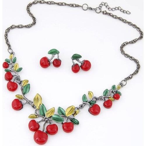 Lusion Jewelry Wholesale Maxi Necklace For Women 2015 New Design Fashion Cute Cherry Statement Necklace With Earrings Best Gift