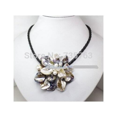 HOT white black mother of pearl shell flower handmade pendant necklace 18" jewelry