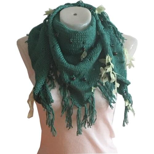 Pafuli Hand-Knitted Wood Beaded Tasseled Cowboy Shawl Green