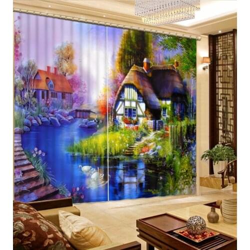 Pastoral Style Photo Curtains Oil Painting Blackout Luxury Curtains For The Living Room Bedroom House small river 3D Curtain