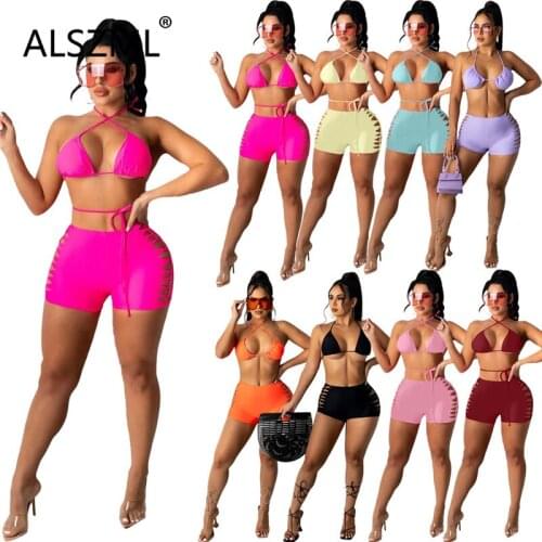 Halter Bandage Two 2 Piece Sets Active Tracksuit Sweatsuit Summer Outfit 2021 Solid Matching Set