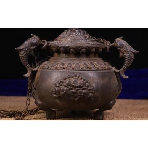 6"Tibet temple Bronze Engraved Carp statue Handle incense burner Mahakala head statue cover Incense Town House Exorcism