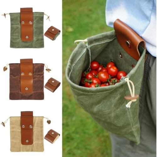 Fruit Picking Bag Leather Canvas Waist Hanging Bag Camping Outdoor Foldable Foraging Drawstring Bag Portable Tool Pouch