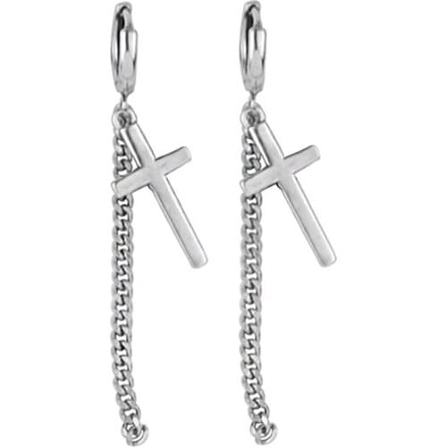 TUNGSTE Unisex Silver Cross Earrings for women Men Gothic Punk Long Ear Hoop Huggie Earrings Piercing