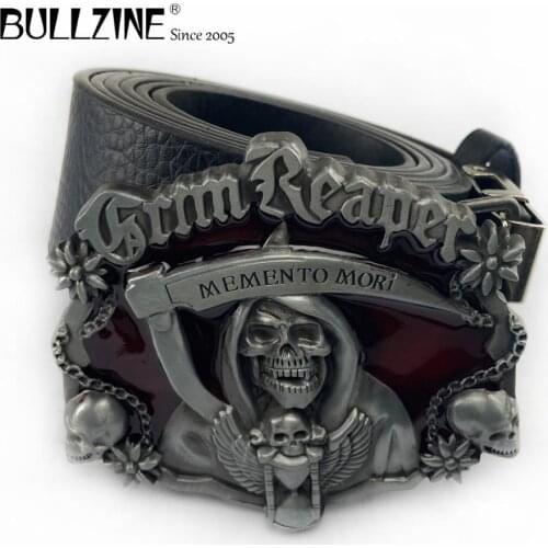 The Bullzine memento mori skull belt buckle RED enamel pewter finish with PU belt with connect clasp FP-02388 drop shipping