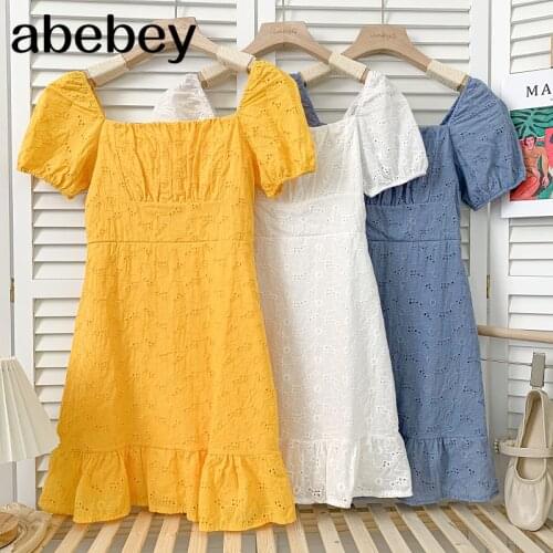 Vintage versatile square collar puff sleeve Dress embroidery high waist pleated Ruffles A-line Dress 2021 New Summer