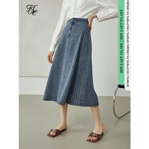 FANSILANEN Office Lady Newly Autumn 2021 Women Clothes Denim Plaid A-line Skirt Temperament Casual Retro High Waist Skirt