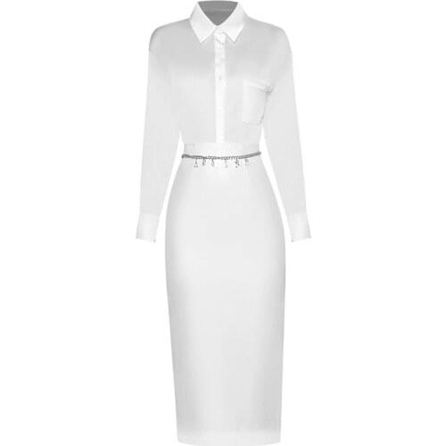 Ladies Office Wear Two Pieces Outfits White Shirt + Metal Chains Belt Bodycon Midi Skirt
