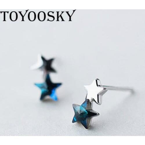 TOYOOSKY Two Crystal Five Star Shape Stud Earrings S925 Sterling Silver Brincos Fashion Good Jewerly For Women