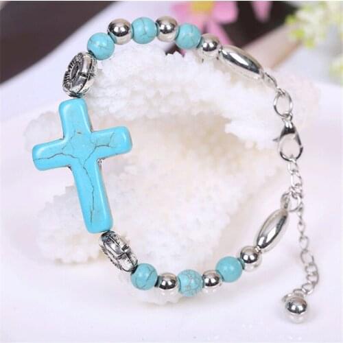 New Bohemian Stone Cross Bracelets For Women Vintage Metal Beads Chain Bracelet Female Boho Christian Jesus Jewelry Party Gift