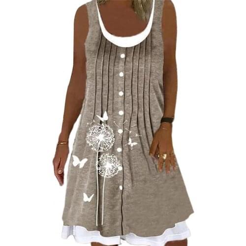 Women Fake Two-piece Dress Single-breasted A Line Round Neck Sleeveless Dress for Daily Wear