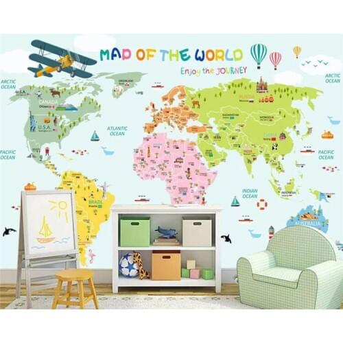 Custom 3D Cartoon World Map Photo Mural Wallpaper Bedroom Living Room Children Room Background Wall Painting