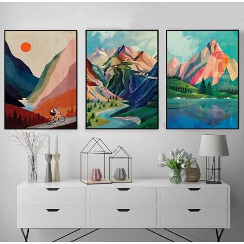 Abstract Mountain Poster Sunset Cycling Canvas Painting Nordic Wall Art Print Cyclist Gifts Morden Picture For Living Room Decor