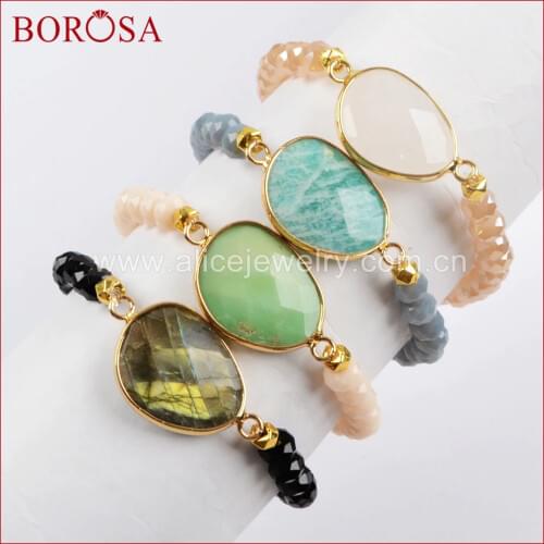 BOROSA 5PCS Fashion Gold Color Labradorite White Quartz Amazonite Stone Faceted Bracelet 6mm Glass Crystal Beads Bracelets G1457
