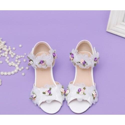 White Chiffon Flower Fresh Childrens Shoes Host Dance Straight Line Girls Sandals Sweet Wedding Flower Girls Princess