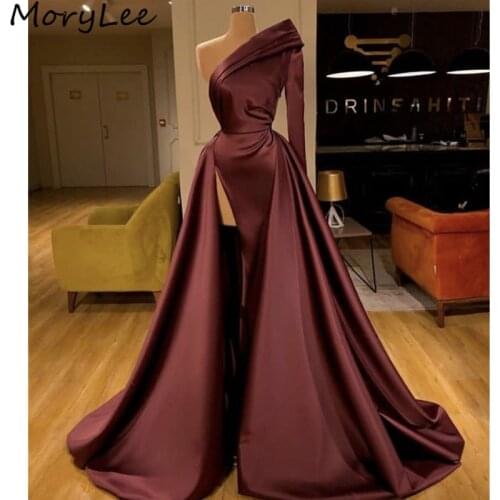 Burgundy Evening Dresses vestidos de fiesta de noche One Shoulder Long Sleeves Zipper Back A-Line Side Slit Satin Evening Dress