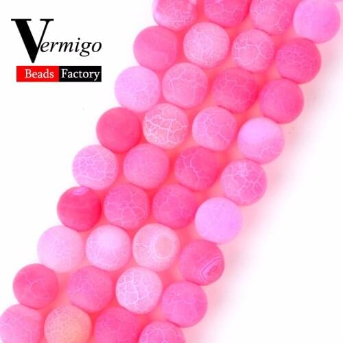 Natural Stone Matte Agates Beads For Jewelry Making Frost Cracked Fuchsia Onyx Beads Diy Bracelet Necklace4 6 8 10 12mm 15inches