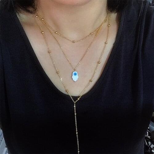 New personality Multilayer stainless steel shell Pendant Necklace Women Gold Color Beads 3 layers chain Choker tassels Necklaces