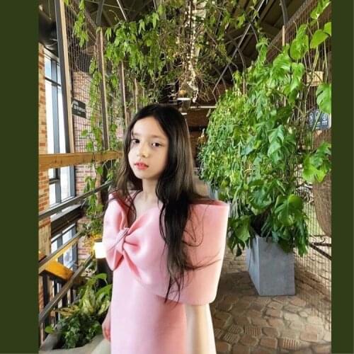 Ins Big Bows Shoulderless Girls Dress for Kids Boutique Party Vestido High Quality Pink Formal Birthday Costume