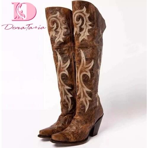 DoraTasia Brand New Female Over The Knee Boots Pointed Toe Thick High Heels Zip Boots Women Autumn Retro Classic Shoes Woman