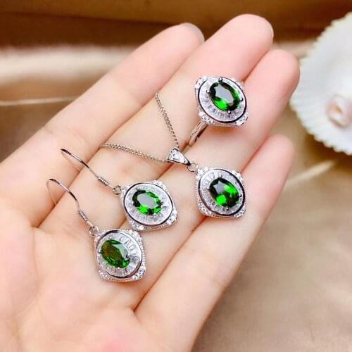 Elegant Bulge geometry Natural green diopside jewelry sets natural gemstone ring Pendant Earrings 925 silver women party jewelry